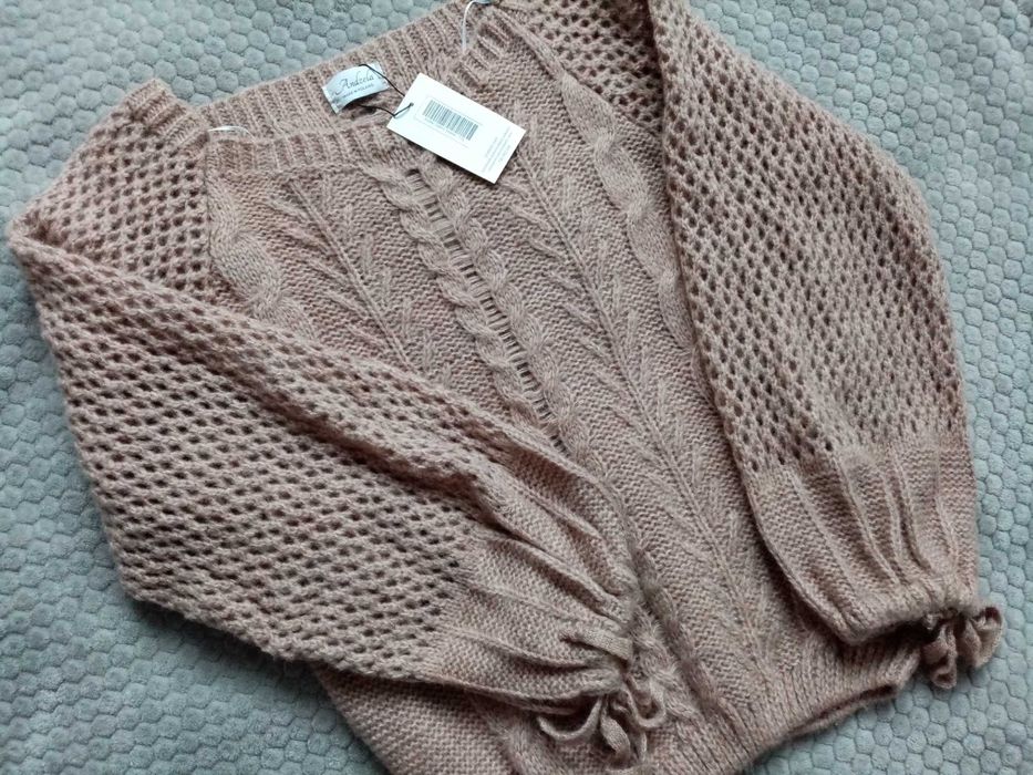 Nowy sweter, warkocze, ażurowe rękawy, jasnobrązowy, oversize, Andżela