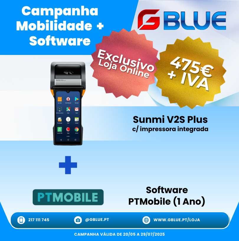 Sunmi V2S Plus c/ Impressora + Software PTMobile (1 Ano)