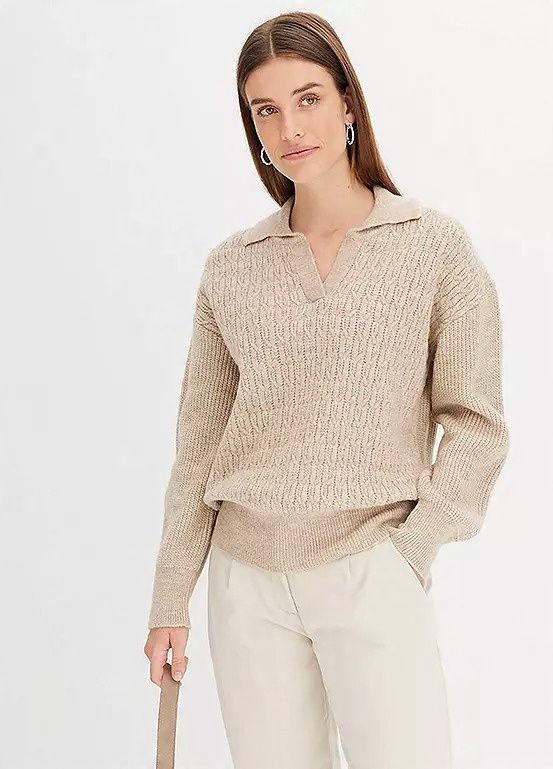 B.P.C pleciony sweter z kołnierzykiem beżowy r.44/46
