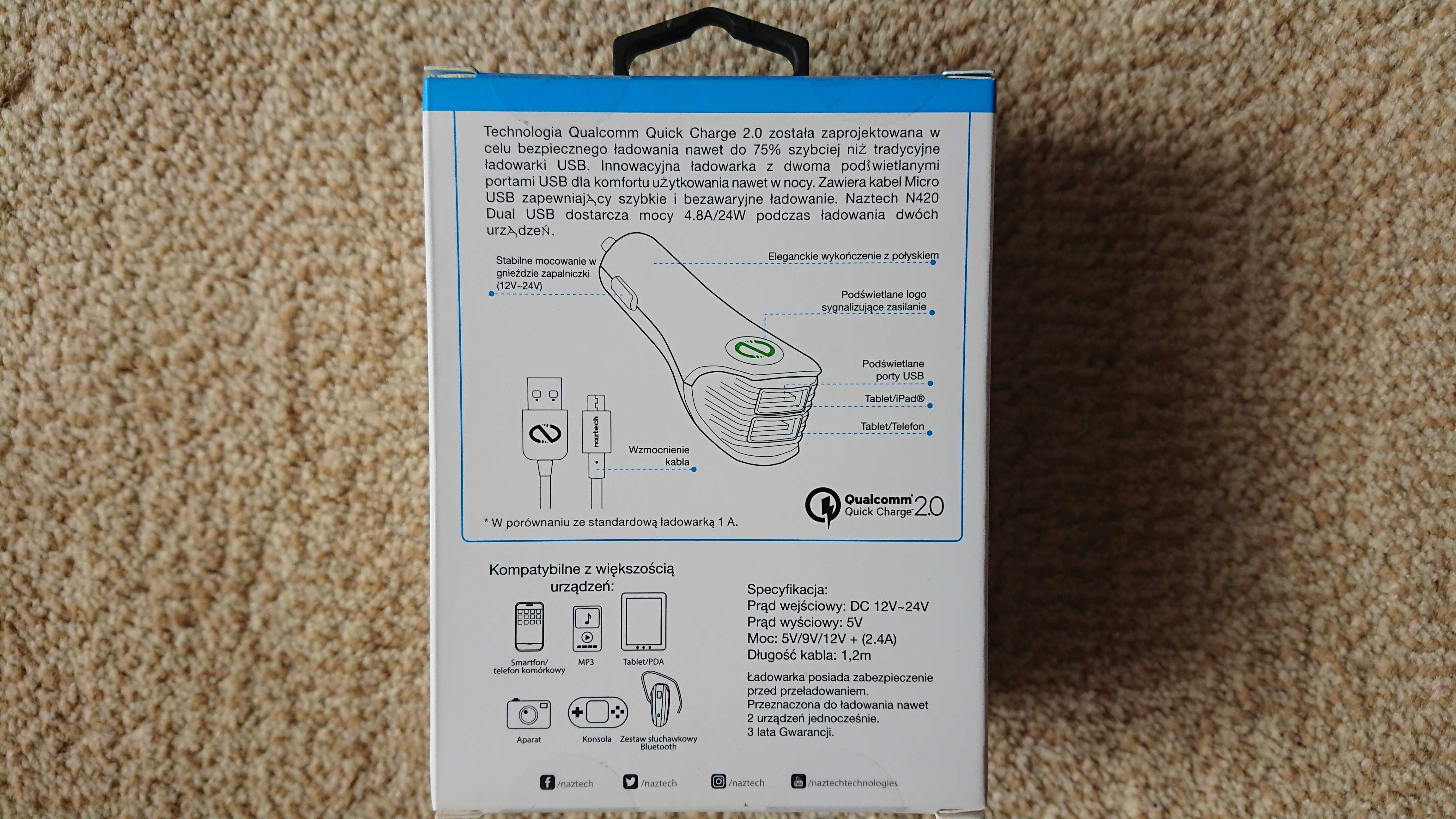 Ładowarka Naztech N420 Dual USB Rapid Charger kabel Micro USB 4.8A/24W