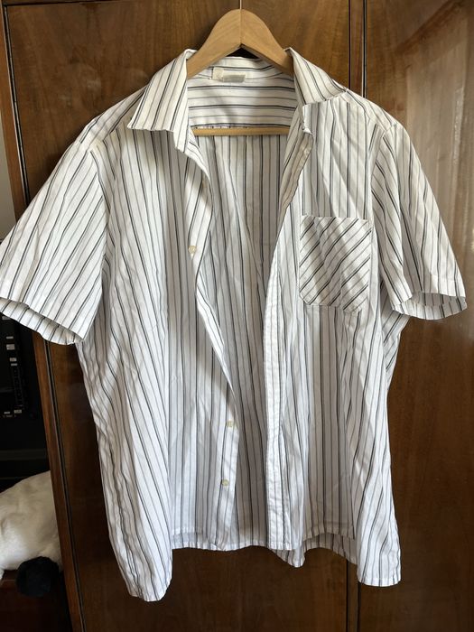 Biała koszula w paski z krótkim rękawem oversize vintage Wólczanka