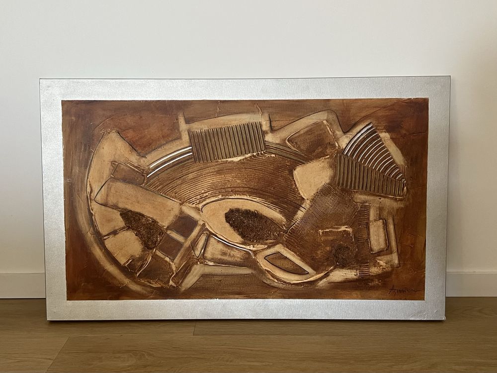 Quadro abstrato assinado com textura em tons de castanho/ terra