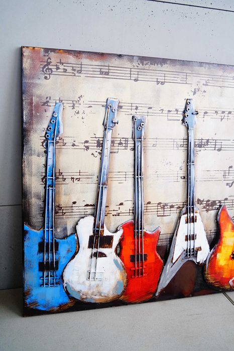 Duży metalowy obraz 3D gitary ręcznie malowany szyld