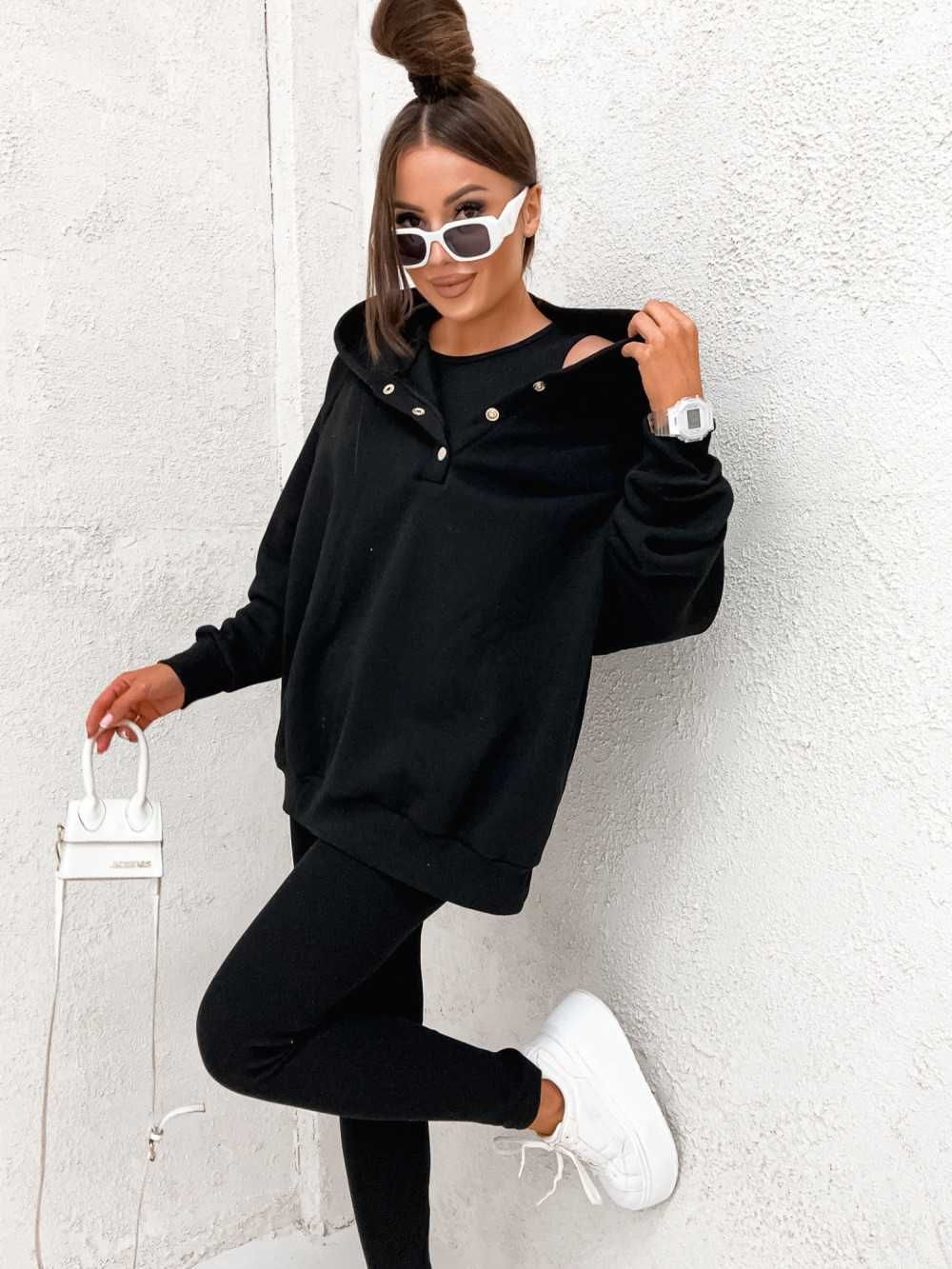 Komplet 3 częściowy dresowy damski czarny legginsy + bluza + top UNI