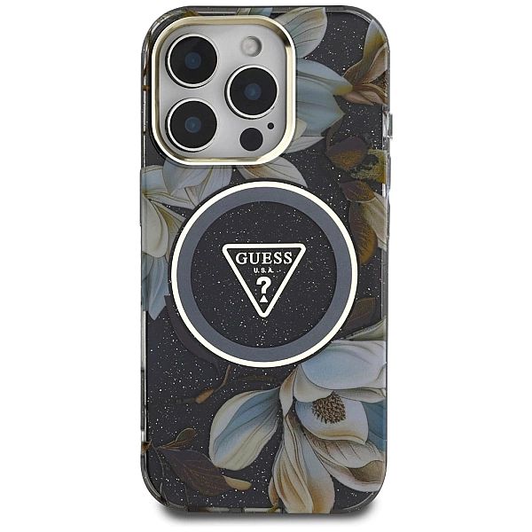 Etui Guess Glitter Flowers Triangle Buttons MagSafe do iPhone 16 Pro M