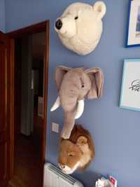 Urso, elefante e leão (cabeças decorativas) para quarto de criança