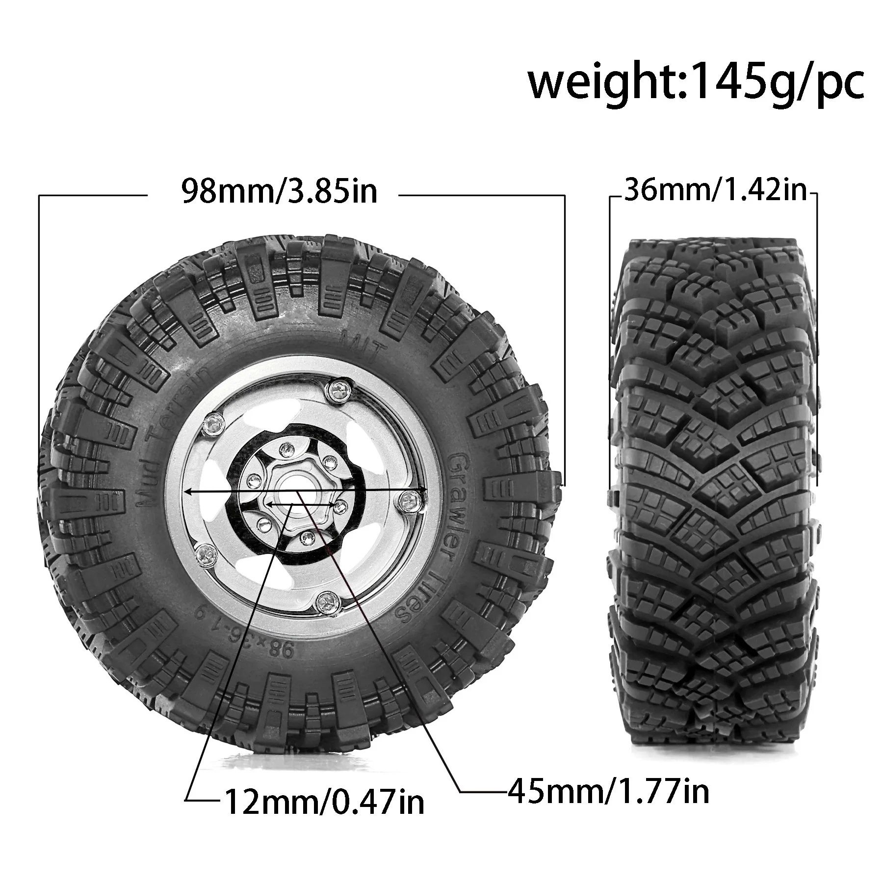 4 felgi beadlock rc+opony 1.9" 98x36mm TRX REELY FMS SCX TAMIYA MST