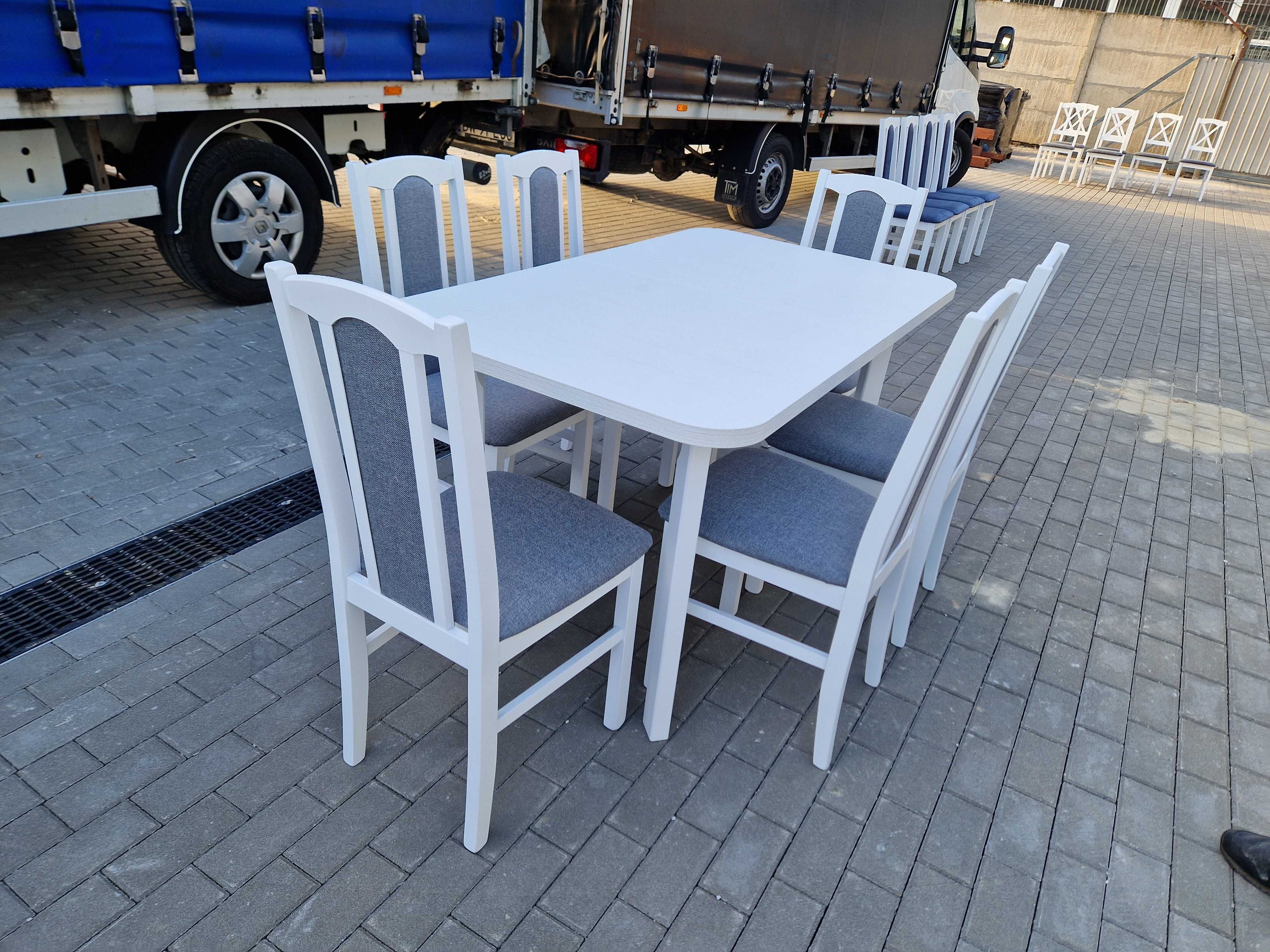 Stół 80x140-180 + 6 krzeseł,  biały+szary, nowe-od ręki, dostawa PL