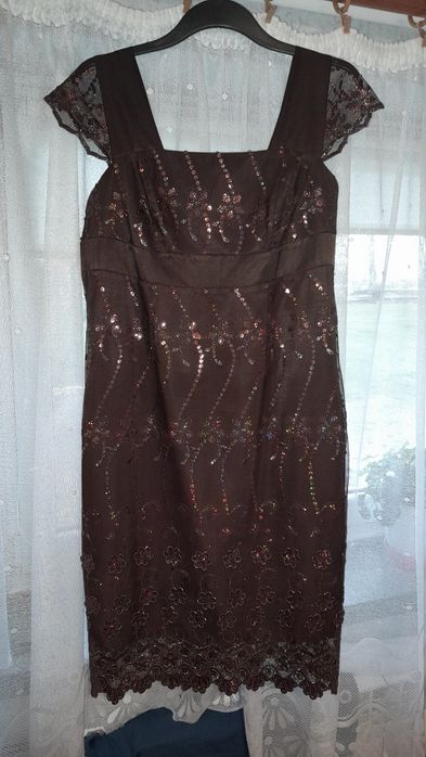Sukienka elegancka 46  J.Albinska Cekiny haft podszewka brąz