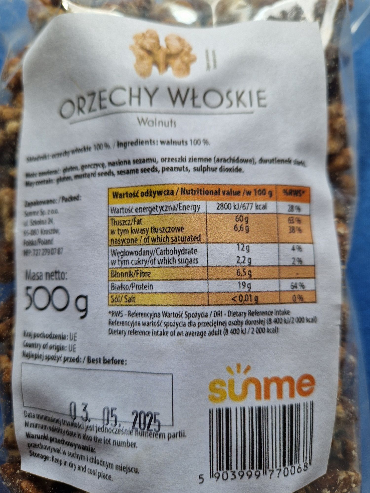 Orzechy Włoskie łuskane 500 gram sunme