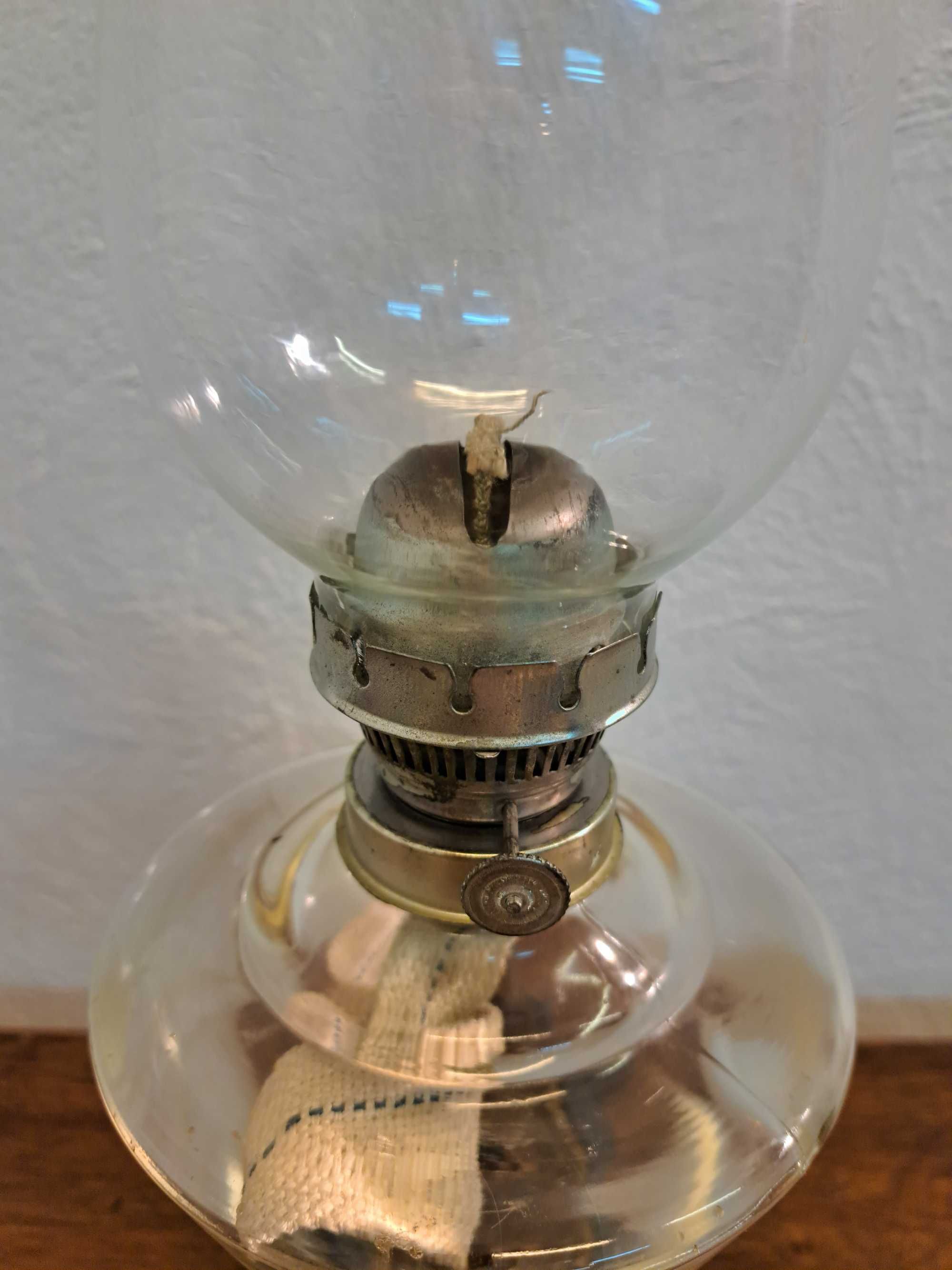 Lampa naftowa stołowa żeliwna szklany pojemnik palnik ocynk knot