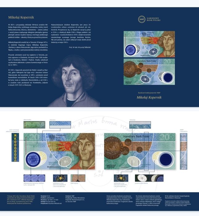 20 zł Mikołaj Kopernik banknot kolekcjonerski  + folder , niski numer