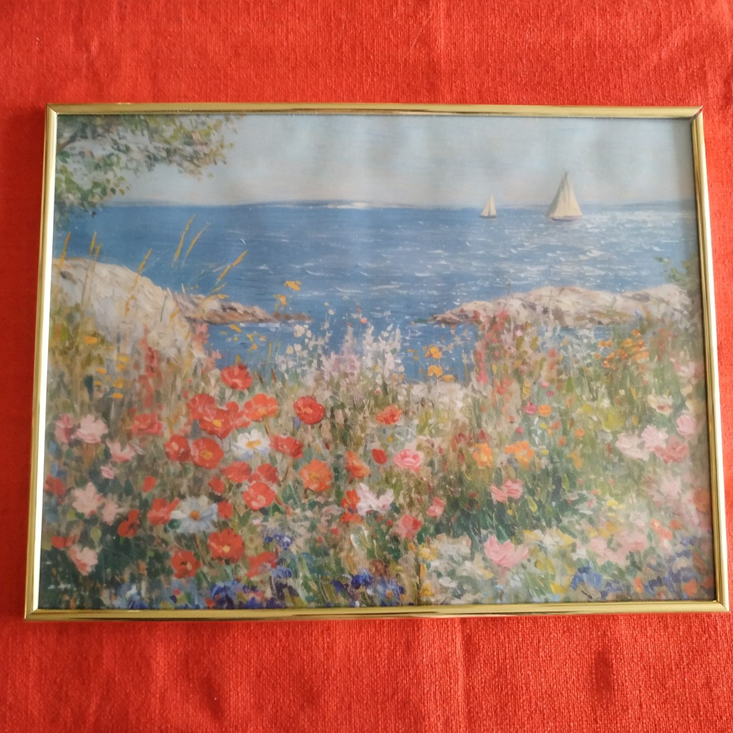 Obraz płótno Nadmorski pejzaż z łódkami i kwiatami cudowny na płótnie