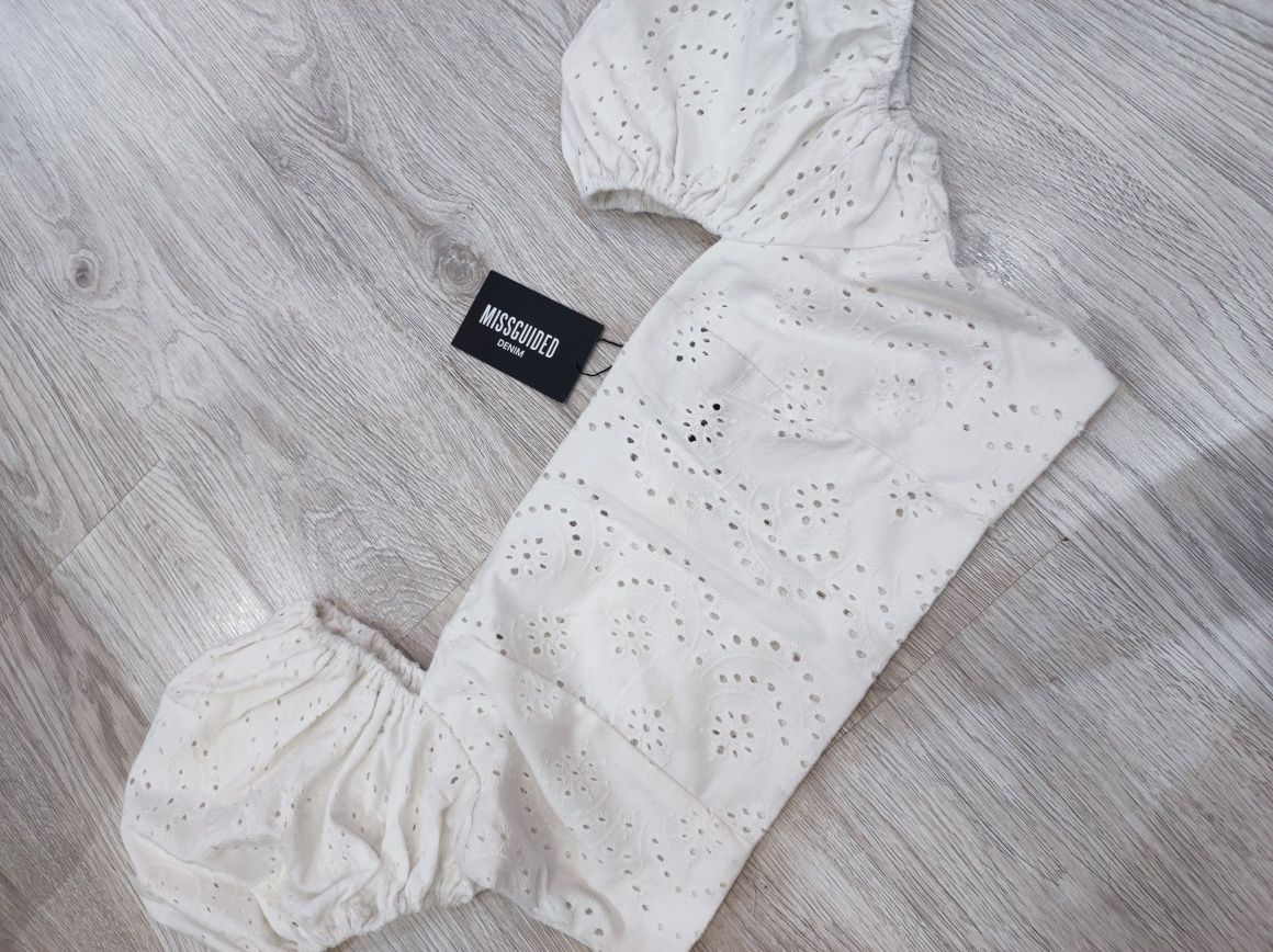 Piękny ażurowy top crop biały nowy z rękawkami missguided XL