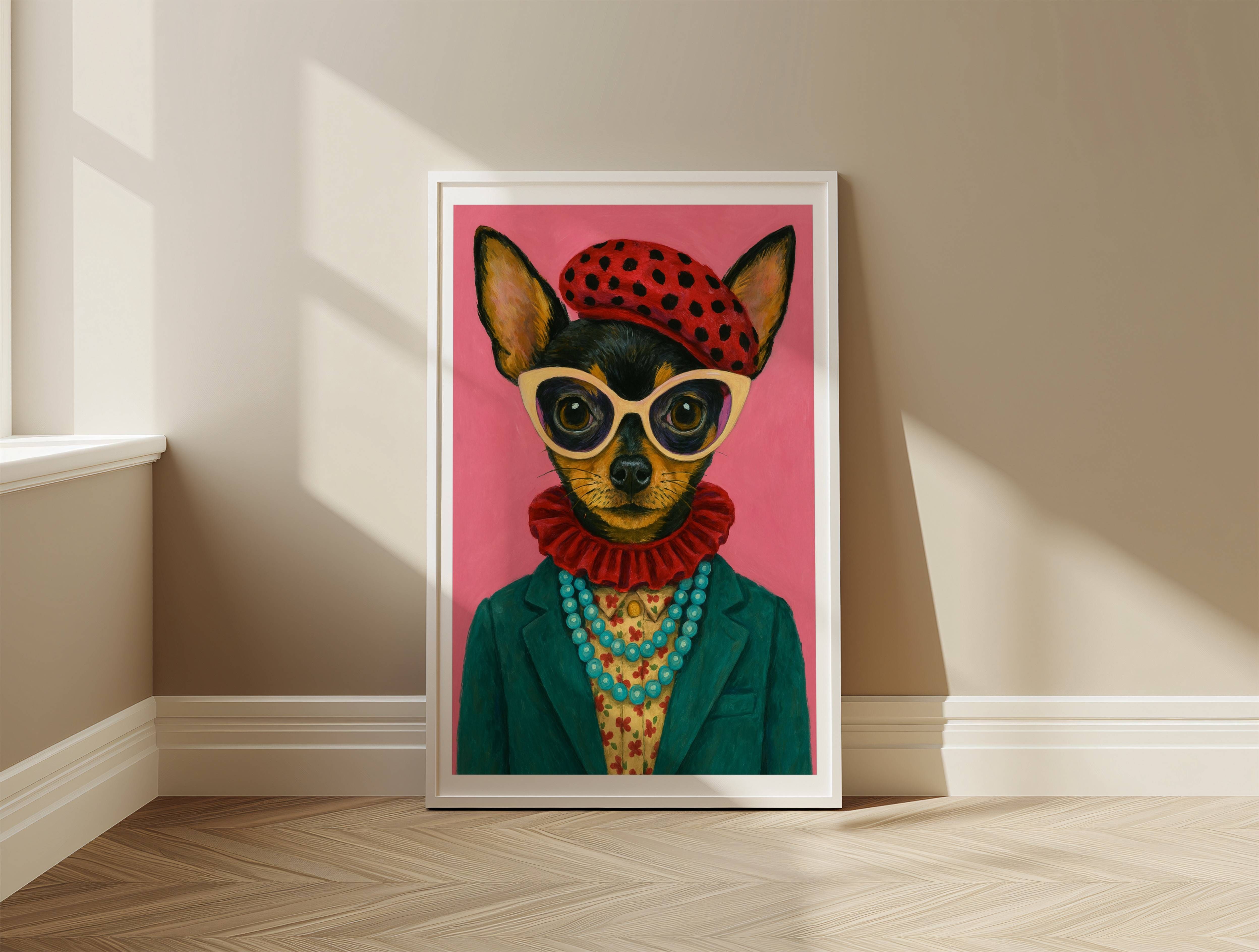 Plakat 50x70 pies chihuahua w okularach – śmieszna Pop Art do salonu