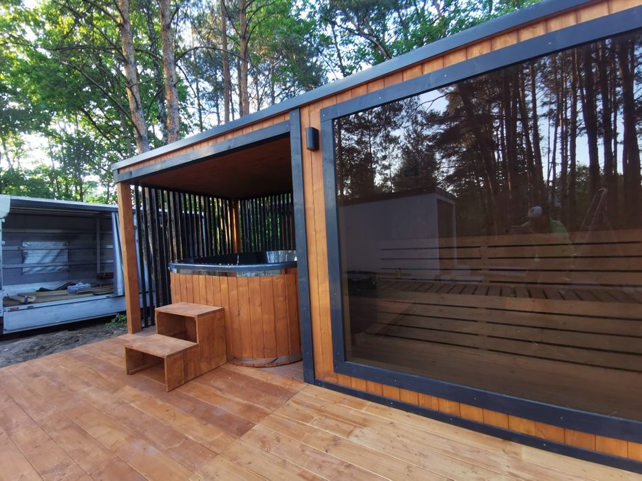 Sauna Ogrodowa Premium z tarasem,wiatą  6,5x2m Piec Sterownik Hit