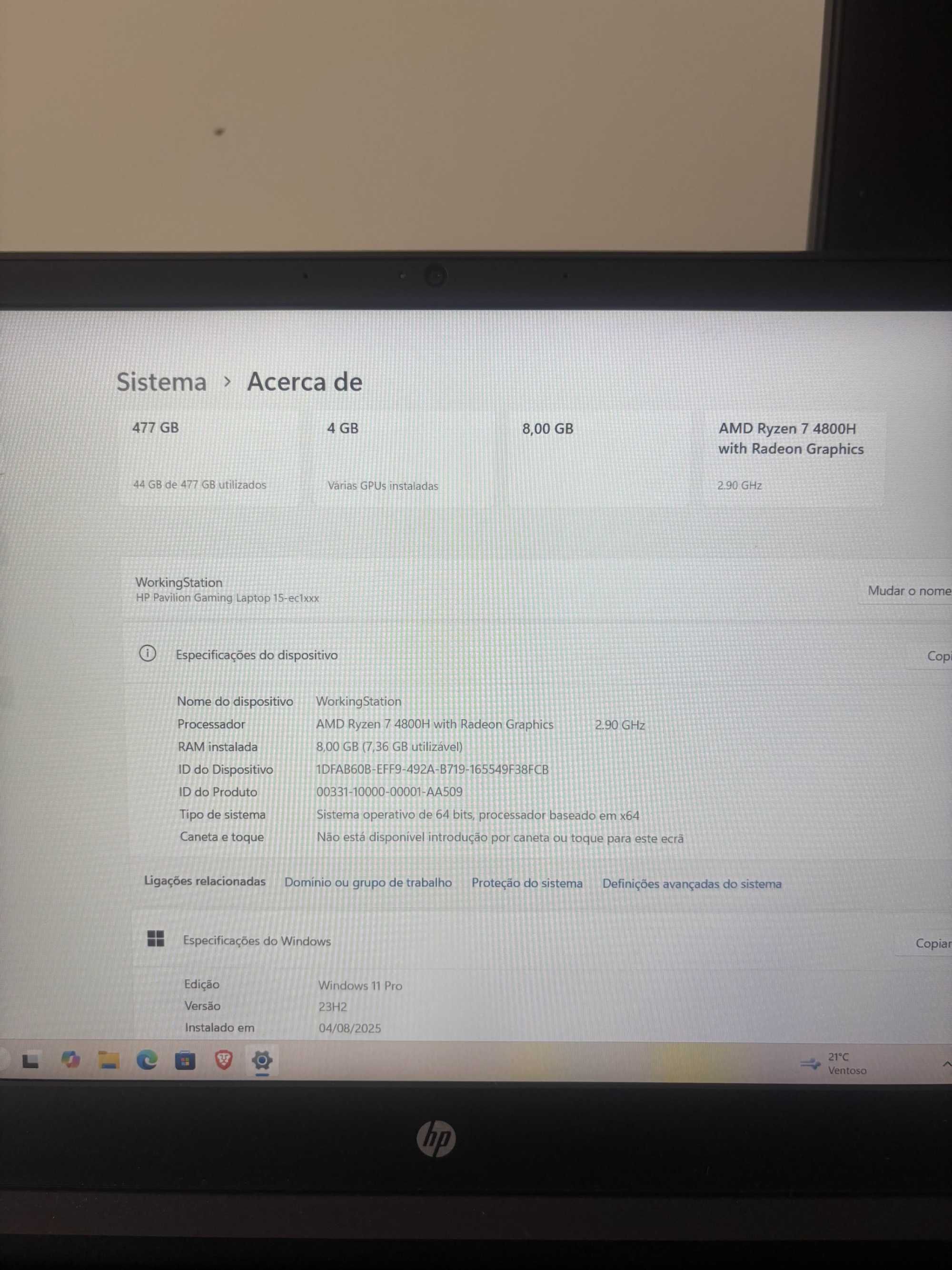 Portátil HP Gaming | GTX 1650 /RYZEN 7 4800H / 8GB RAM / 500GB MEMÓRIA