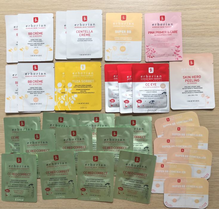 Пробники Erborian, Yuza, bb nude, cc clair, cc red correct, centella