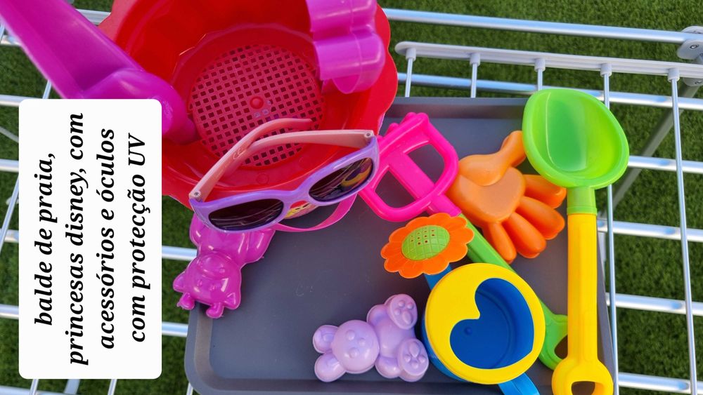 Balde de praia, óculos proteção UV, cadeira e acessórios: 14meses+