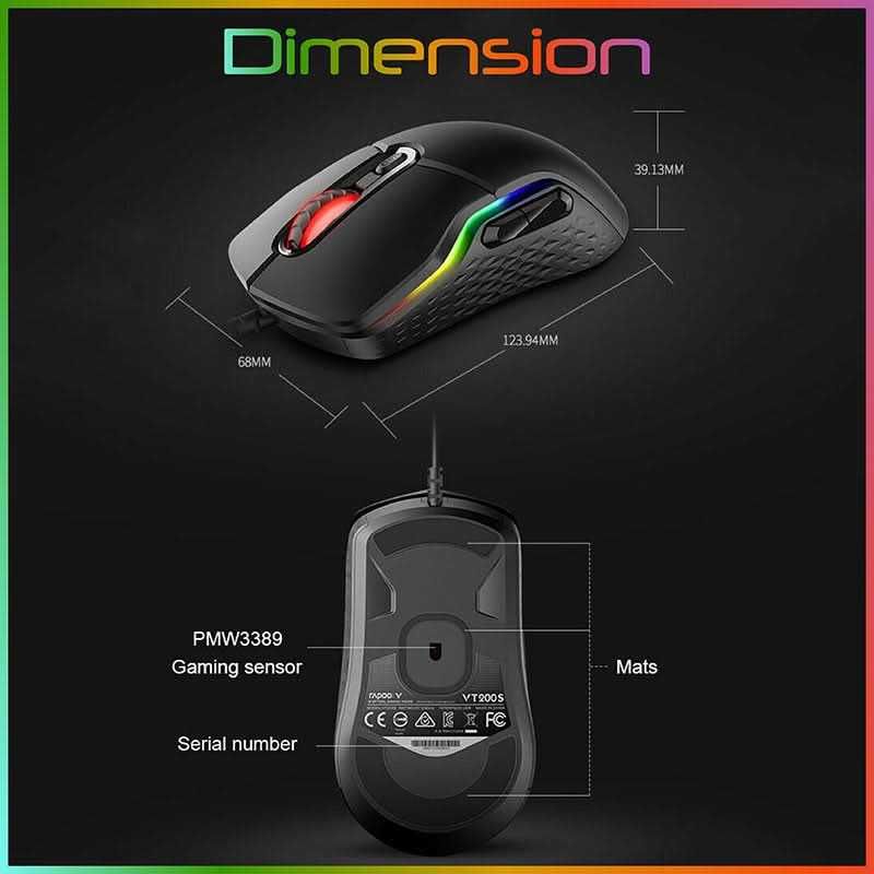 Rapoo VT200S ігрова оптична дротова мишка 16000dpi 1000Hz RGB 8 кнопок
