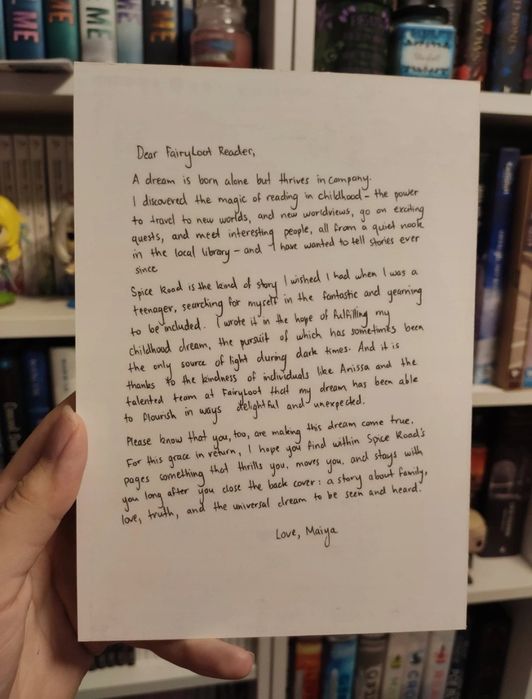 Fairyloot character card author letter spice road maiya ibrahim