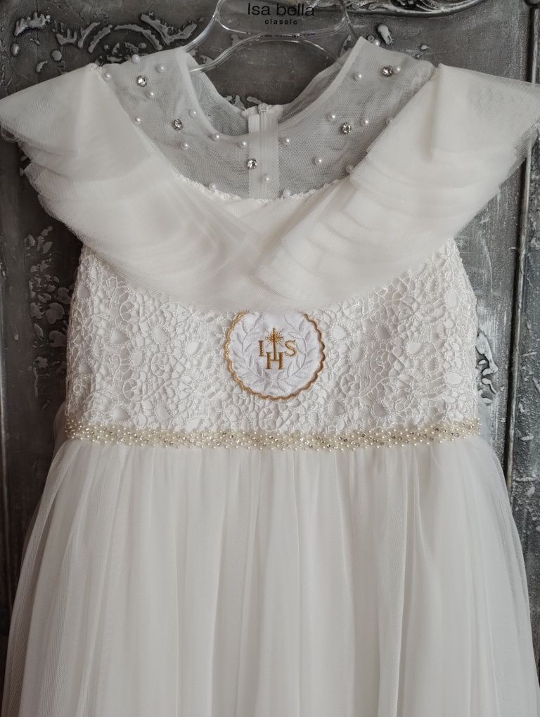 Piękna albo- sukienka Boho 134/146 komunijna, bolerko nowe