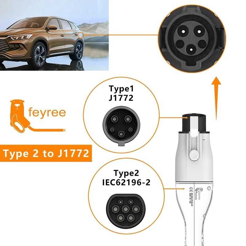 Переходник для зарядки FEYREE Type2 to Type1 с замком (американ. авто)