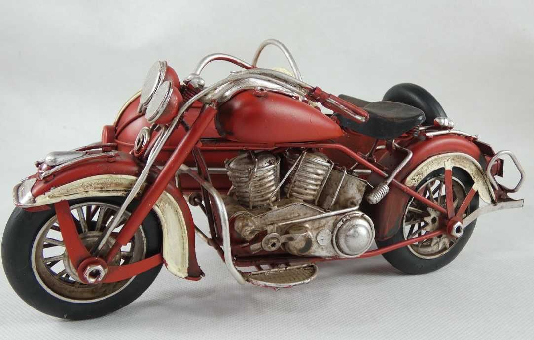 Metalowy MOTOR z koszem czerwony RETRO pojazd motocykl