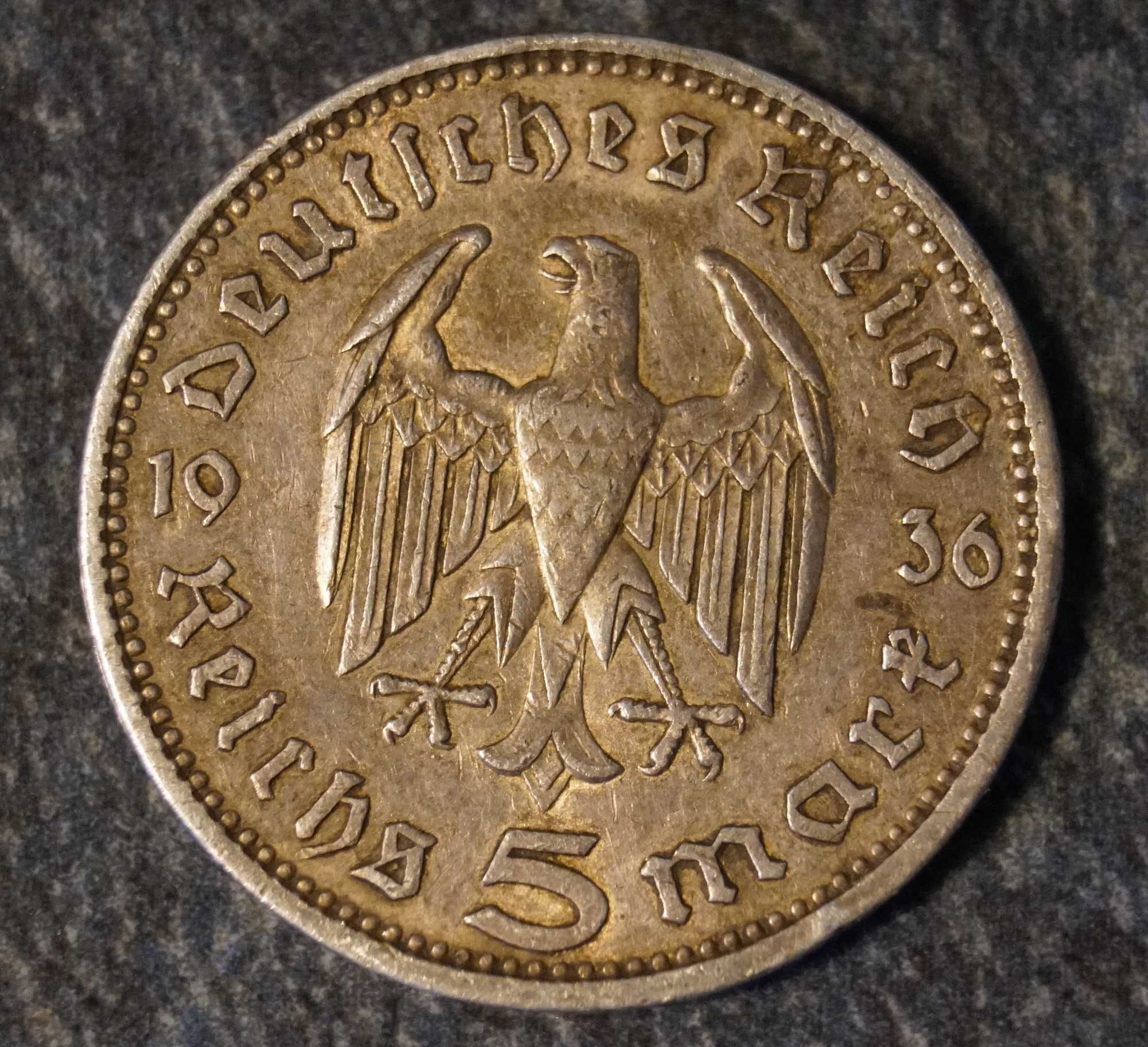 Srebrna moneta kolekcjonerska 5 marek niemieckich 1936 r.