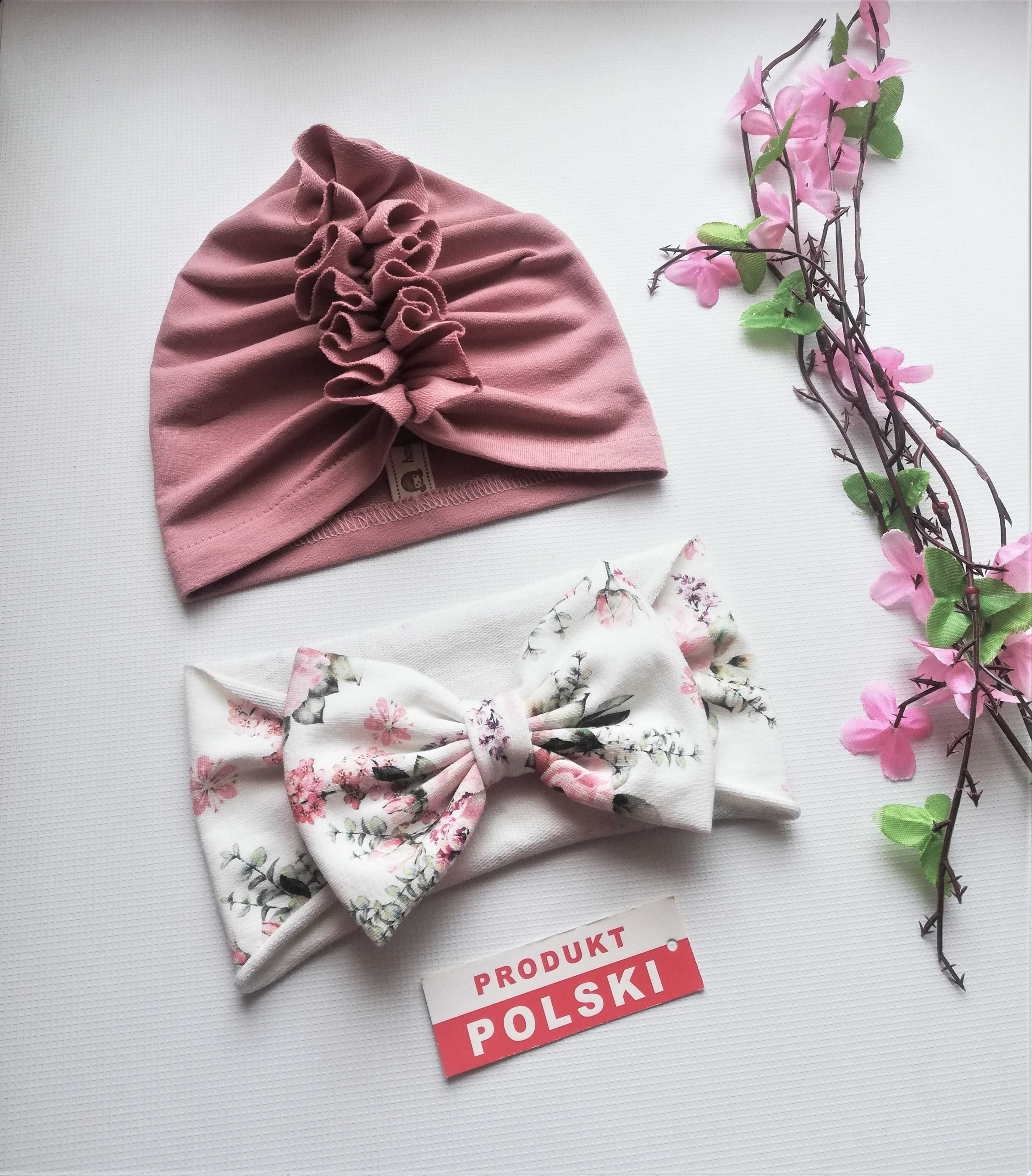 -- Czapeczka turban + opaska z kokardką -- zestaw niemowlęcy