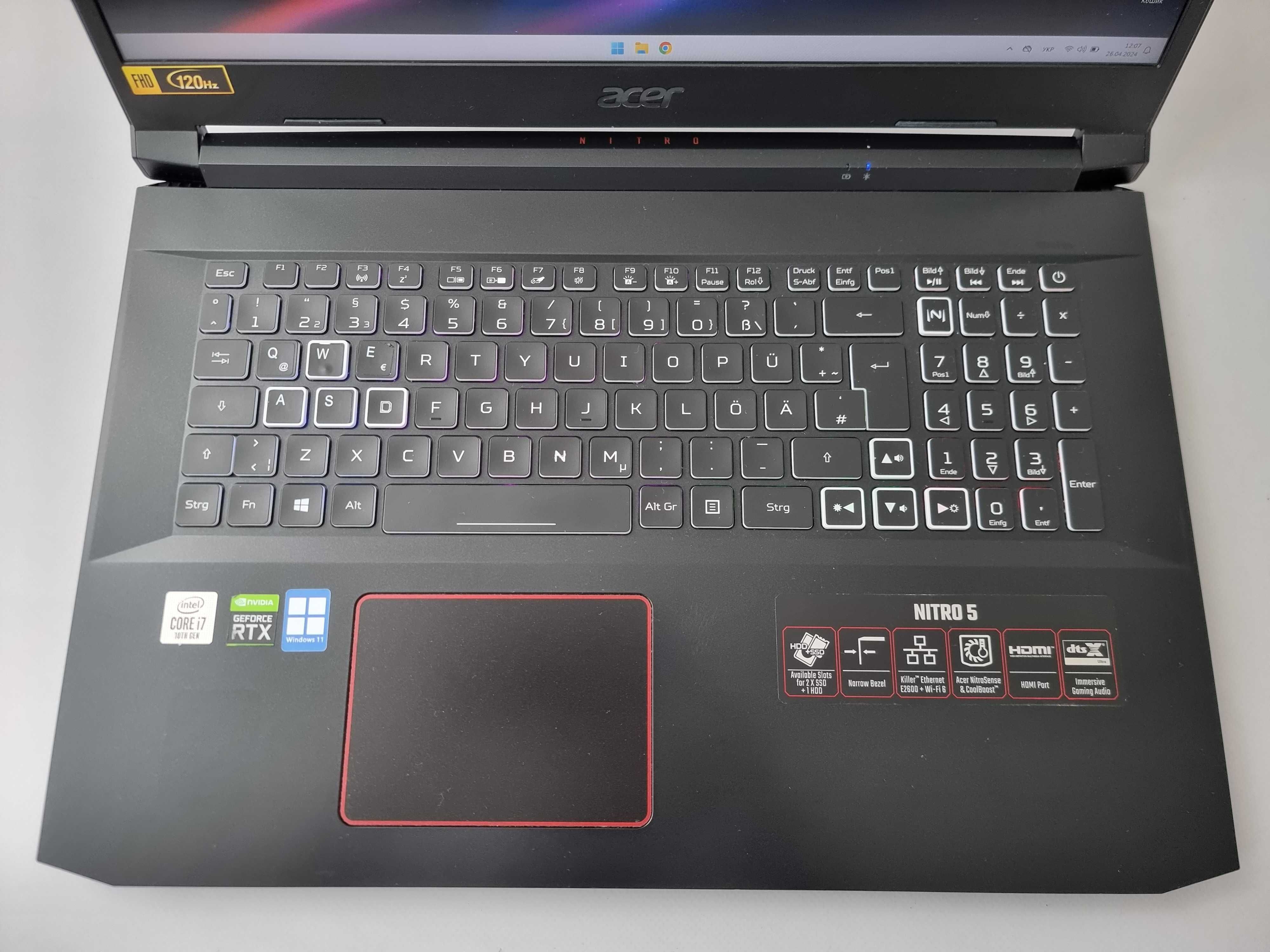 Ноутбук Acer Nitro 17 I7 10750H/RTX 2060/RAM 16GB/SSD 512GB/120Hz