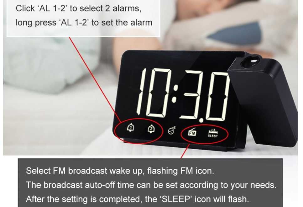 Budzik Zegar Radio Projektor na sufit 24/7 CZERWONE CYFRY