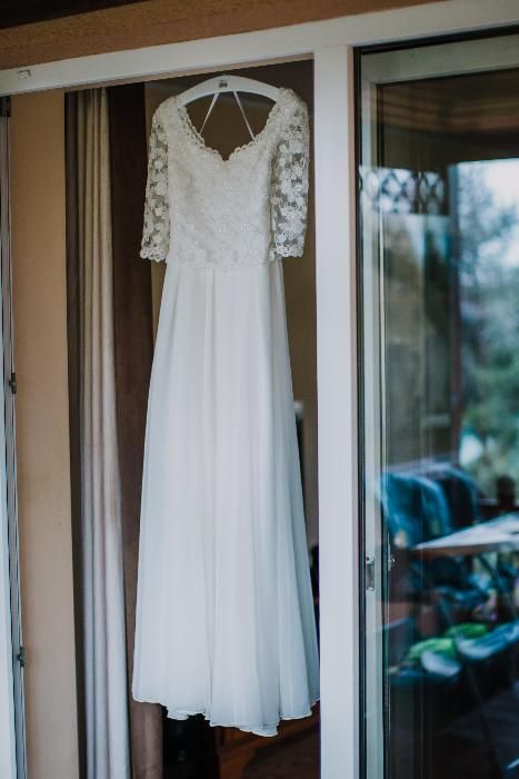 SUKNIA ŚLUBNA z koronki i muślinu, rozm. 36/38