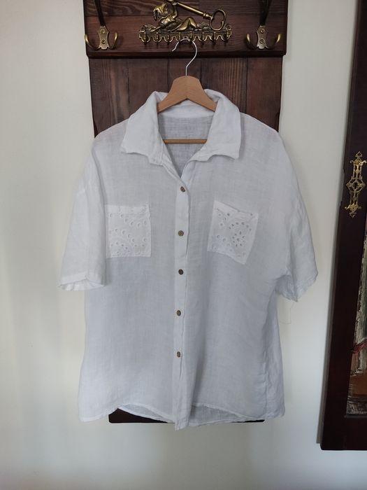 Lniana koszula, biała. Oversize, 100% len, krótki rękaw