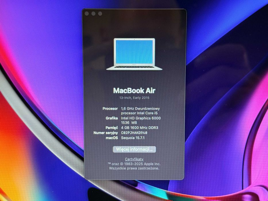Apple Macbook Air 13" i5/4GB/128GB 2015 stan Bardzo dobry / Sequoia