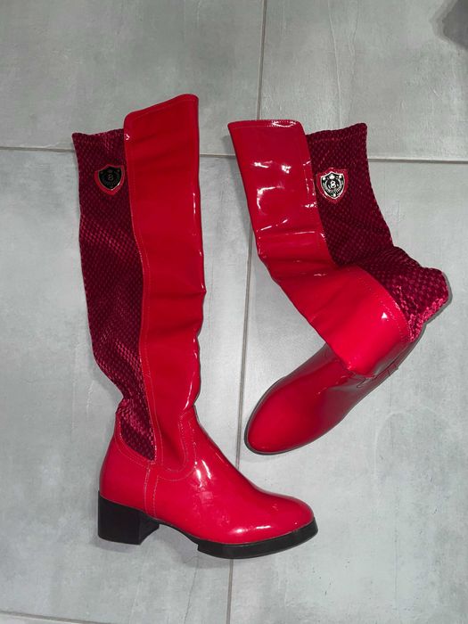 Czerwone Długie Kozaki lakierowane wysokie 50 cm rozmiar 38 nowe