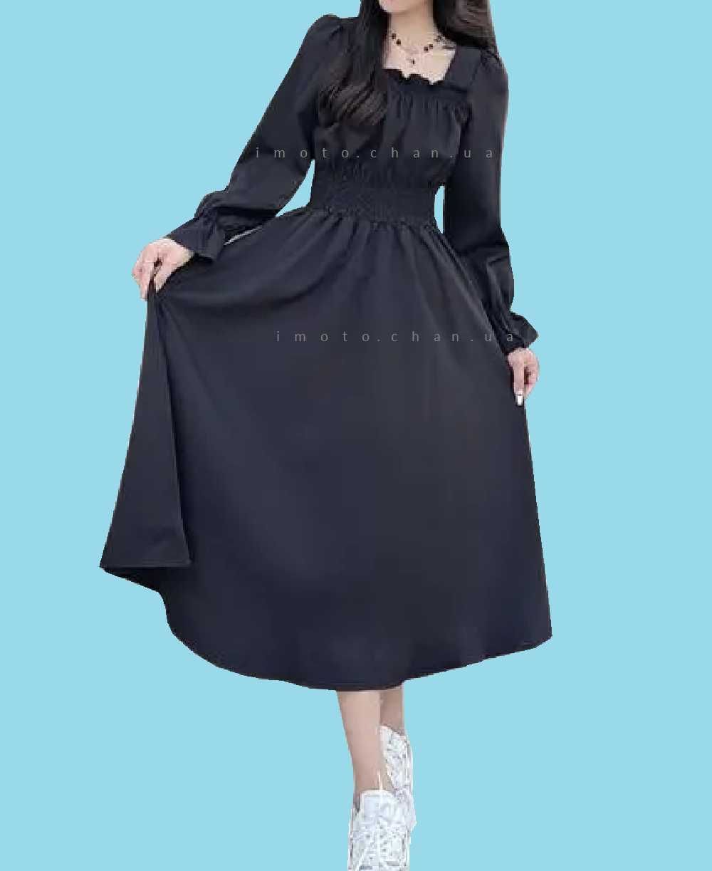 Корейское платье готическое квадратный вырез длинное черное рукав