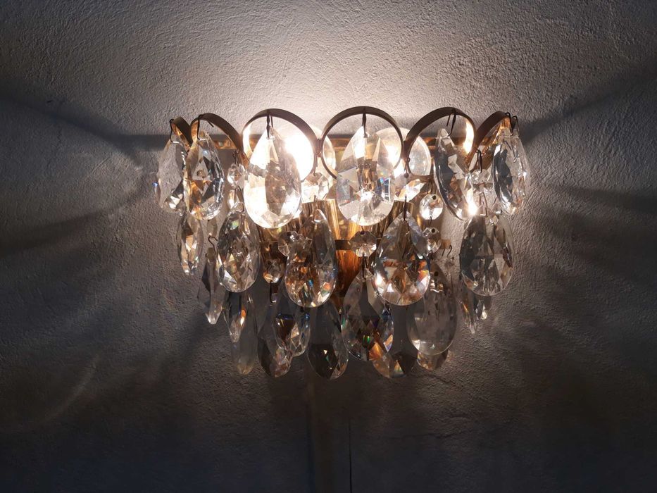 Kinkiet mosiężny kryształowy kryształowe kryształki z wyłącznikiem