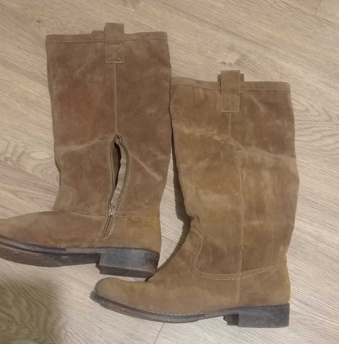 Brązowe musztardowe zamszowe płaskie Kozaki Kowbojki rude camel r 40