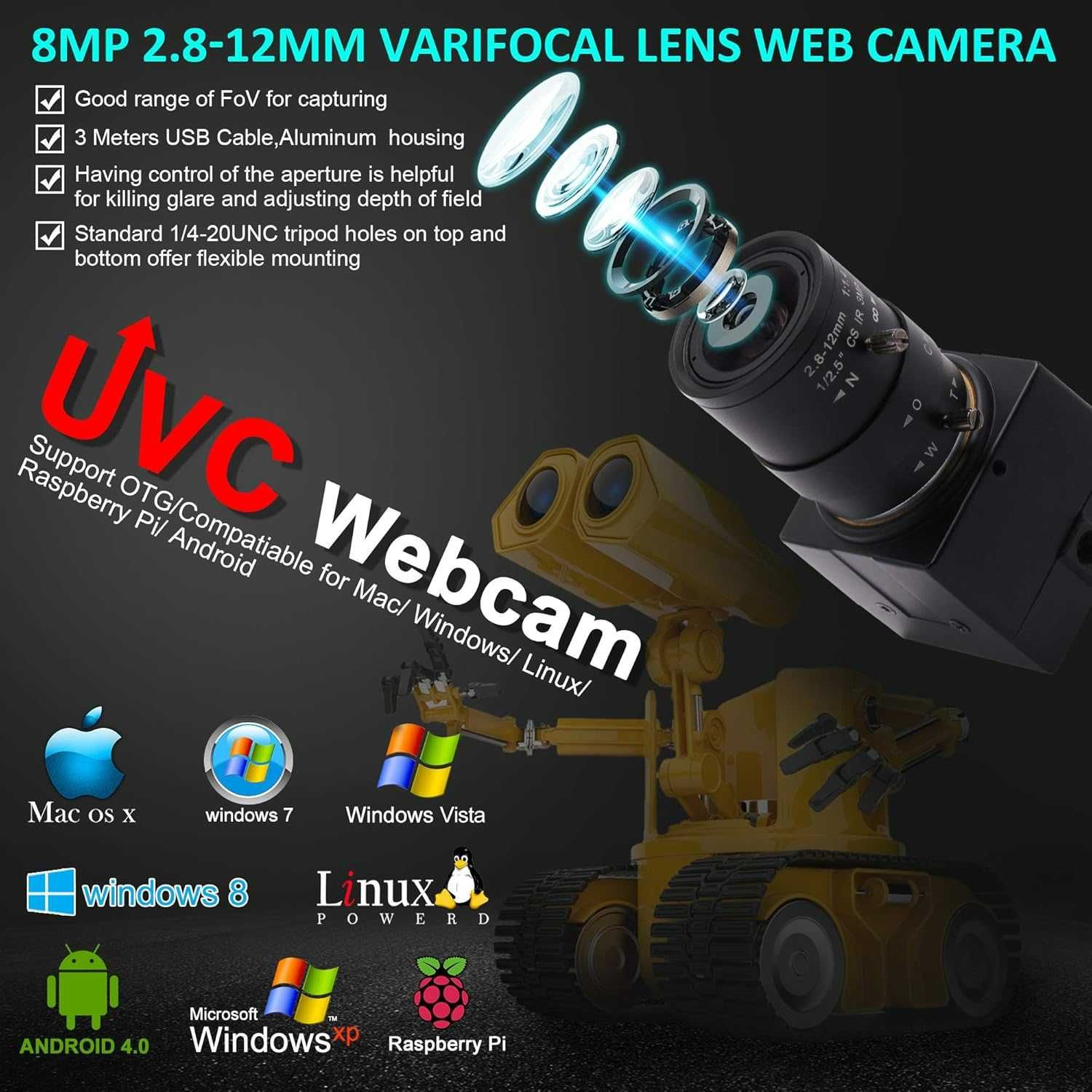 ELP Kamera internetowa o rozdzielczości 8 mpx z obiektywem HD 5-50 mm