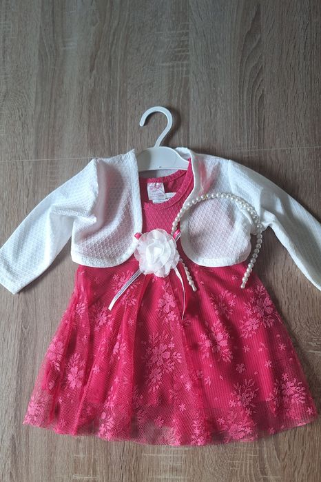 Sukienka różowa z białym bolerkiem  i  opaską 80/86