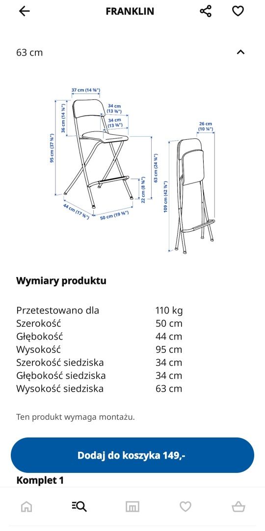Krzesło wysokie taboret składany Ikea Franklin czarne 2sztuki