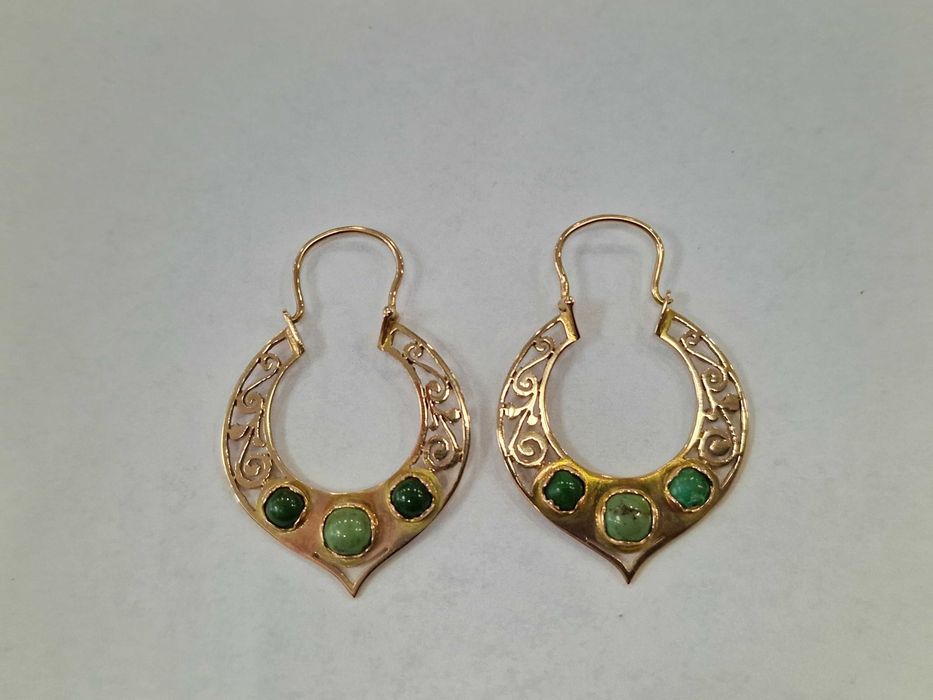 Złote kolczyki damskie/ 585/ 4.53 gram/ XX wiek/ Nefryt/ praca ręczna