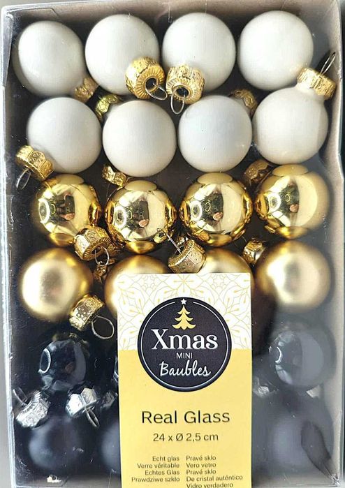 Bombki szklane 24 szt. Ø 2,5 cm po 8 szt. białych, złotych i czarnych