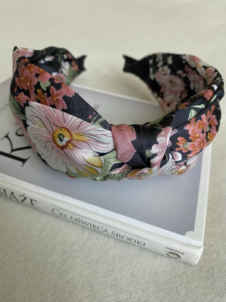 Opaska do włosów Floral Art/Boho/satynowa wysoka, Kwiaty/Floral/Black