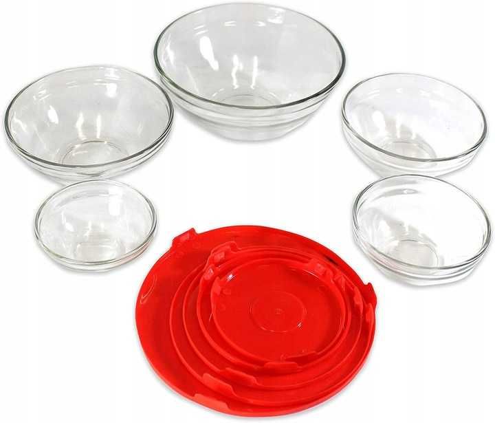 MISKI SZKLANE kuchenne zestaw Z POKRYWKAMI 5szt czerwone red