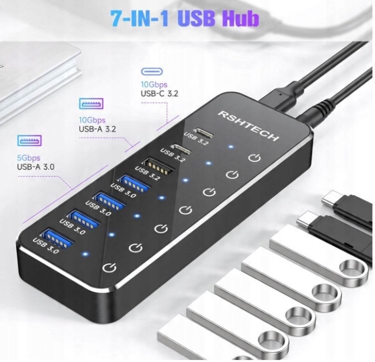 Koncentrator USB C 3.2 z zasilaczem RSHTECH 7 portów POWYSTAWOWY