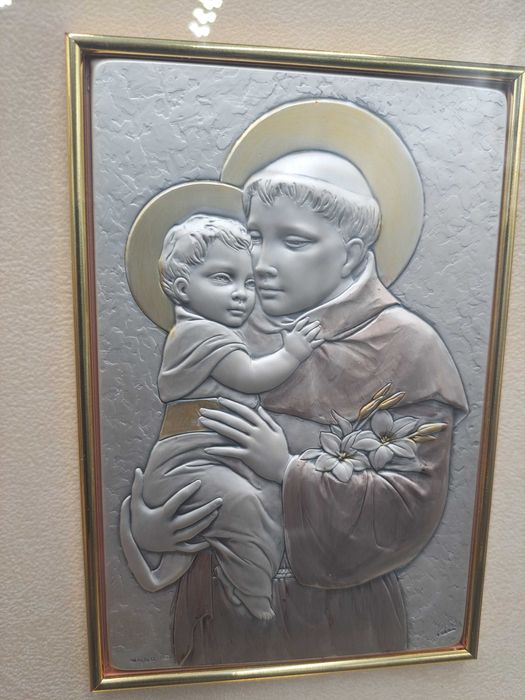 Obraz srebrny święty Antoni z dzieciątkiem Jezus wypukły plater ASA