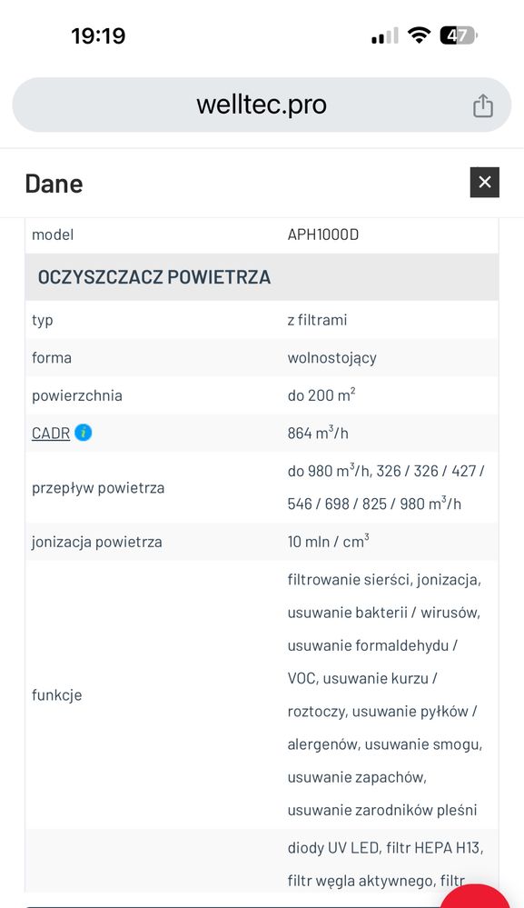 Oczyszczacz powietrza, jonizator Welltec APH 1000D mocny WiFi