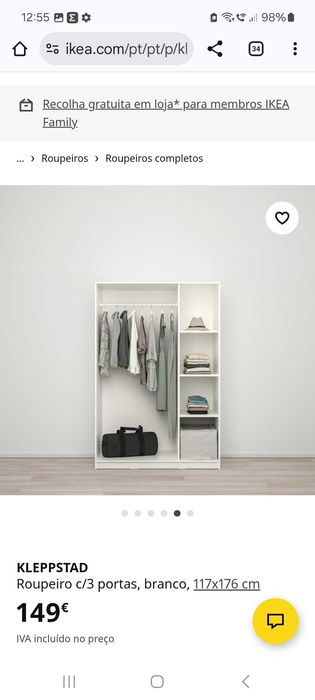Vendo roupeiro 3 portas Branco Ikea KLEPPSTAD